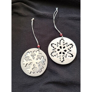 Crate And Barrel Silver Metal Snowflake Ornaments Set of Two Spinning Vintage